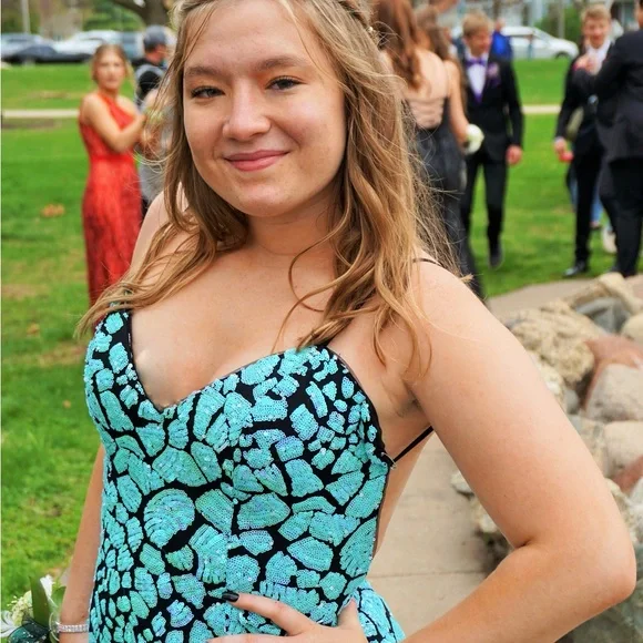 JVN by Jovani Turquoise Patterned Prom Dress - Picture 3 of 3